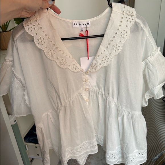 raisonnel Tops - White Eyelet-Trim Peplum Blouse